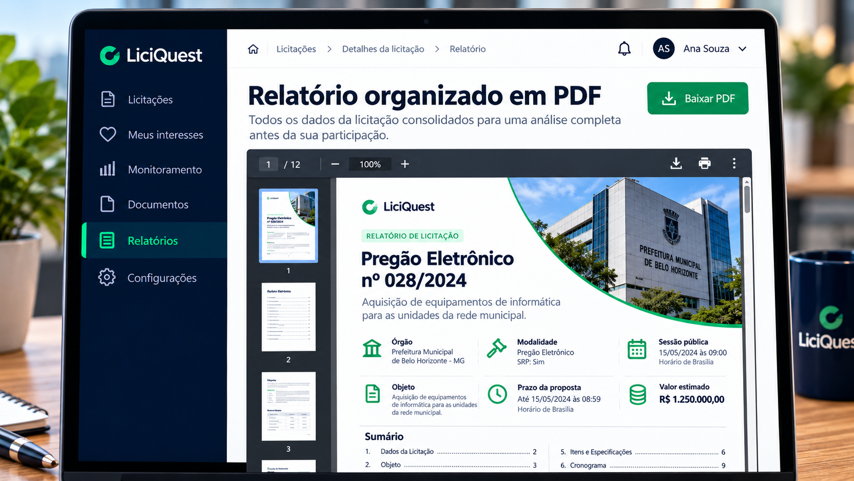 Relatório organizado em PDF no LiciQuest